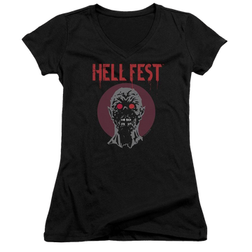 Black juniors v-neck t-shirt with Hell Fest Logo graphic