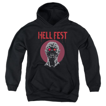 Black youth hoodie for ages 8 to 12 with Hell Fest Logo graphic