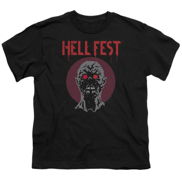 Black youth t-shirt for ages 8 to 12 with Hell Fest Logo graphic