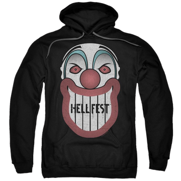 Black pullover hoodie with Hell Fest Facade graphic