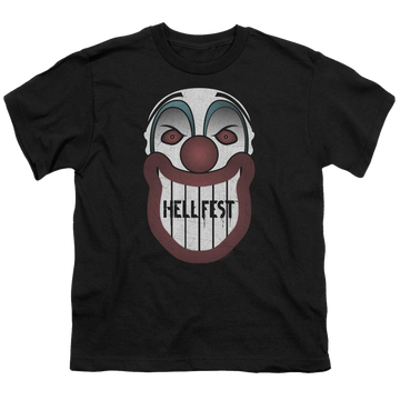 Black youth t-shirt for ages 8 to 12 with Hell Fest Facade graphic