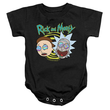 Black baby bodysuit with Rick and Morty Blown Minds graphic