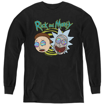 Black youth long sleeve t-shirt with Rick and Morty Blown Minds graphic