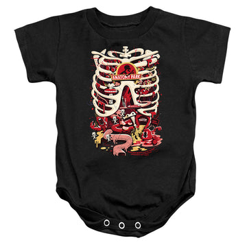 Black baby bodysuit with Rick and Morty Anatomy Park Logo graphic