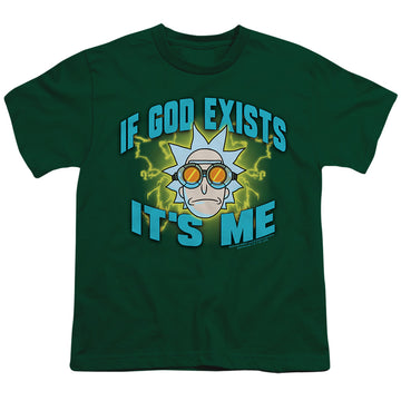 Hunter green youth t-shirt for ages 8 to 12 with Rick and Morty If God Exists graphic