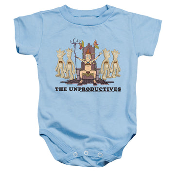 Light blue baby bodysuit with Rick and Morty The Unproductives graphic