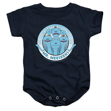 Navy baby bodysuit with Rick and Morty Mr Meeseeks graphic