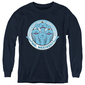 Navy youth long sleeve t-shirt with Rick and Morty Mr Meeseeks graphic