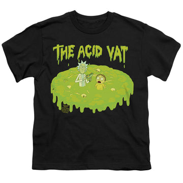 Black youth t-shirt for ages 8 to 12 with Rick and Morty The Acid Vat graphic