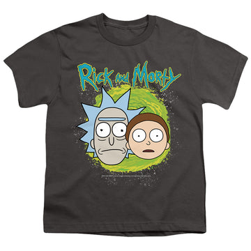 Charcoal youth t-shirt for ages 8 to 12 with Rick and Morty Floating Heads graphic
