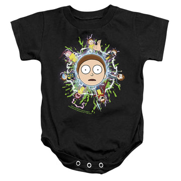 Black baby bodysuit with Rick and Morty Multiple Morty graphic