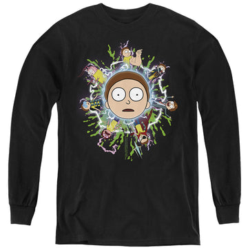 Black youth long sleeve t-shirt with Rick and Morty Multiple Morty graphic