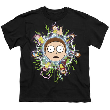 Black youth t-shirt for ages 8 to 12 with Rick and Morty Multiple Morty graphic