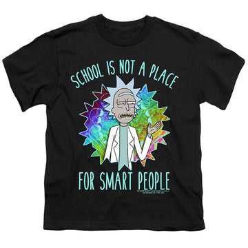 Black youth t-shirt for ages 8 to 12 with Rick and Morty School graphic