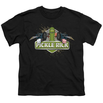 Black youth t-shirt for ages 8 to 12 with Rick and Morty Pickle Rick graphic