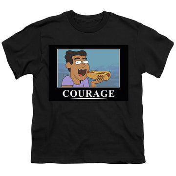 Black youth t-shirt for ages 8 to 12 with Rick and Morty Courage Poster graphic