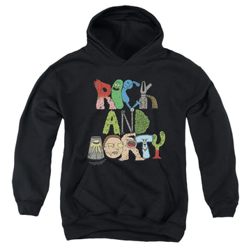 Black youth hoodie for ages 8 to 12 with Rick and Morty Illustrated Logo graphic