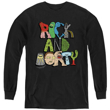 Black youth long sleeve t-shirt with Rick and Morty Illustrated Logo graphic