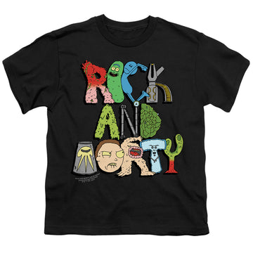 Black youth t-shirt for ages 8 to 12 with Rick and Morty Illustrated Logo graphic