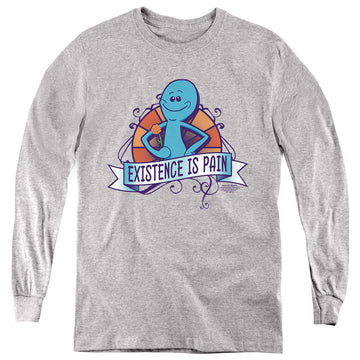 Athletic heather youth long sleeve t-shirt with Rick and Morty Existence Is Pain graphic