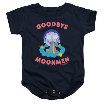 Navy baby bodysuit with Rick and Morty Goodbye Moonmen graphic