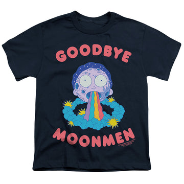 Navy youth t-shirt for ages 8 to 12 with Rick and Morty Goodbye Moonmen graphic