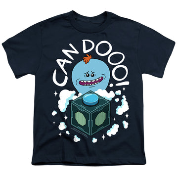 Navy youth t-shirt for ages 8 to 12 with Rick and Morty Can Do graphic
