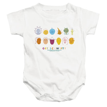 White baby bodysuit with Rick and Morty Get Schwifty graphic