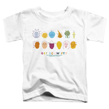 White toddler t-shirt with Rick and Morty Get Schwifty graphic