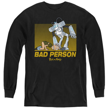 Black youth long sleeve t-shirt with Rick and Morty Bad Person graphic