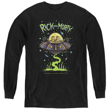 Black youth long sleeve t-shirt with Rick and Morty Drunk Rick Ship graphic
