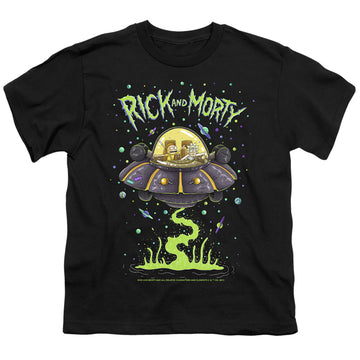 Black youth t-shirt for ages 8 to 12 with Rick and Morty Drunk Rick Ship graphic