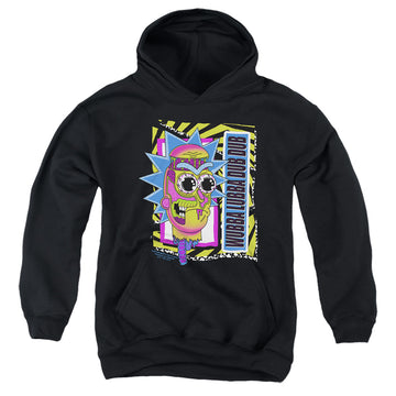 Black youth hoodie for ages 8 to 12 with Rick and Morty Wubba Lubba Dub Dub graphic