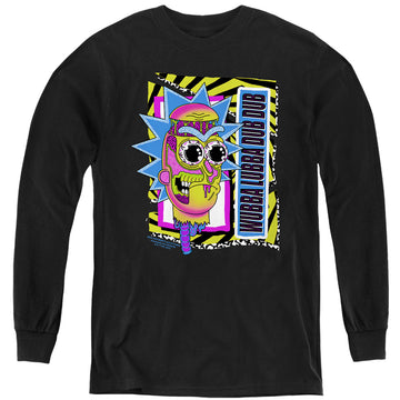 Black youth long sleeve t-shirt with Rick and Morty Wubba Lubba Dub Dub graphic