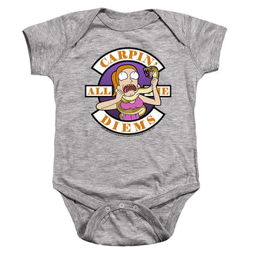 Athletic heather baby bodysuit with Rick and Morty Carp En All Them Diems graphic
