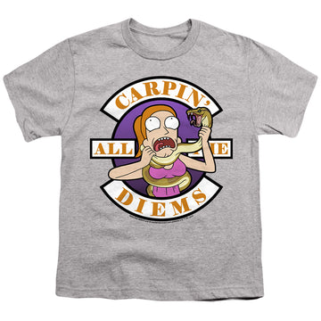 Athletic heather youth t-shirt for ages 8 to 12 with Rick and Morty Carp En All Them Diems graphic