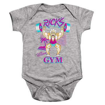 Athletic heather baby bodysuit with Rick and Morty Ricks Gym graphic