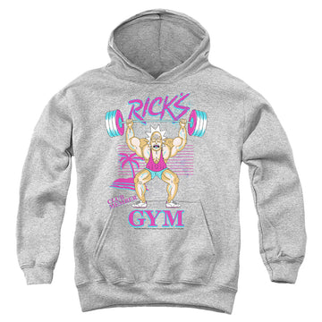 Athletic heather youth hoodie for ages 8 to 12 with Rick and Morty Ricks Gym graphic