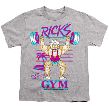 Athletic heather youth t-shirt for ages 8 to 12 with Rick and Morty Ricks Gym graphic