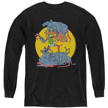 Black youth long sleeve t-shirt with Rick and Morty The Adventures Of Pickle Rick graphic