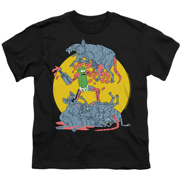 Black youth t-shirt for ages 8 to 12 with Rick and Morty The Adventures Of Pickle Rick graphic