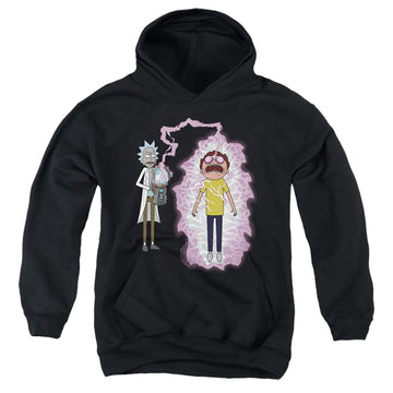 Black youth hoodie for ages 8 to 12 with Rick and Morty Morty Reboot graphic