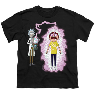 Black youth t-shirt for ages 8 to 12 with Rick and Morty Morty Reboot graphic