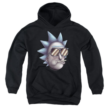 Black youth hoodie for ages 8 to 12 with Rick and Morty Cool Rick Alternate Reality graphic