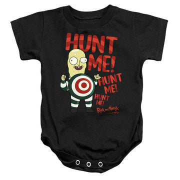 Black baby bodysuit with Rick and Morty Hunt Me graphic