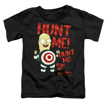 Black toddler t-shirt with Rick and Morty Hunt Me graphic