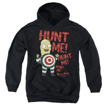 Black youth hoodie for ages 8 to 12 with Rick and Morty Hunt Me graphic