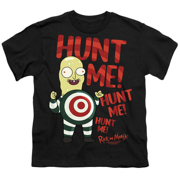 Black youth t-shirt for ages 8 to 12 with Rick and Morty Hunt Me graphic