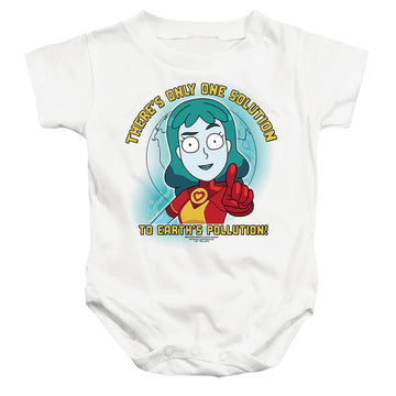 White baby bodysuit with Rick and Morty Planetina graphic