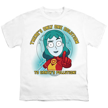 White youth t-shirt for ages 8 to 12 with Rick and Morty Planetina graphic